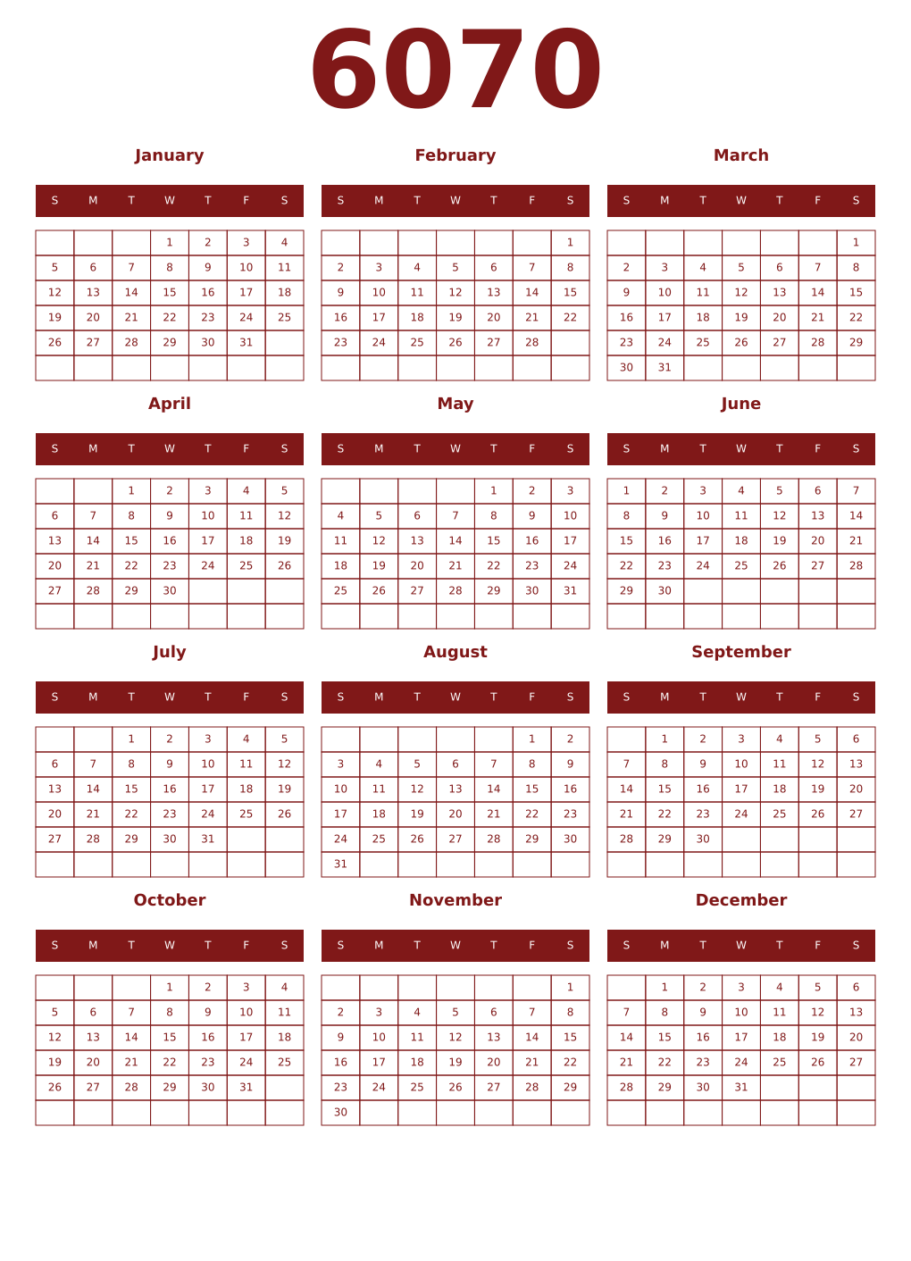 Printable 6070 Year Calendars falu