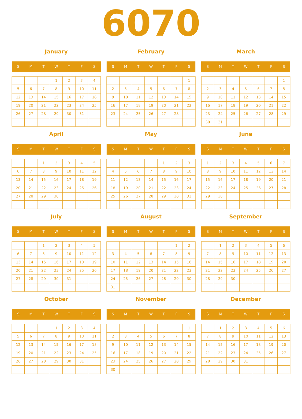 Printable 6070 Year Calendars gamboge