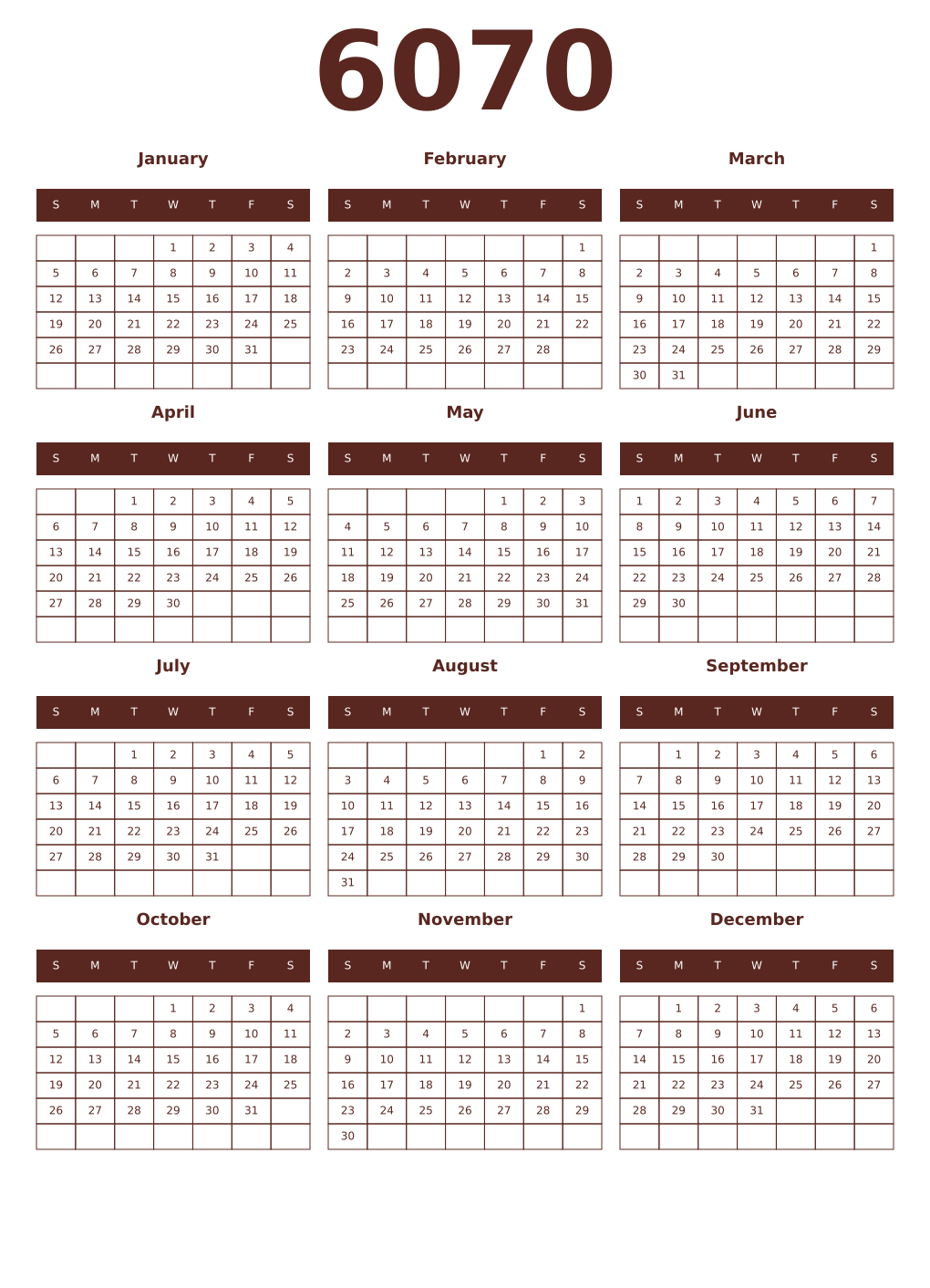 Printable 6070 Year Calendars mortuum