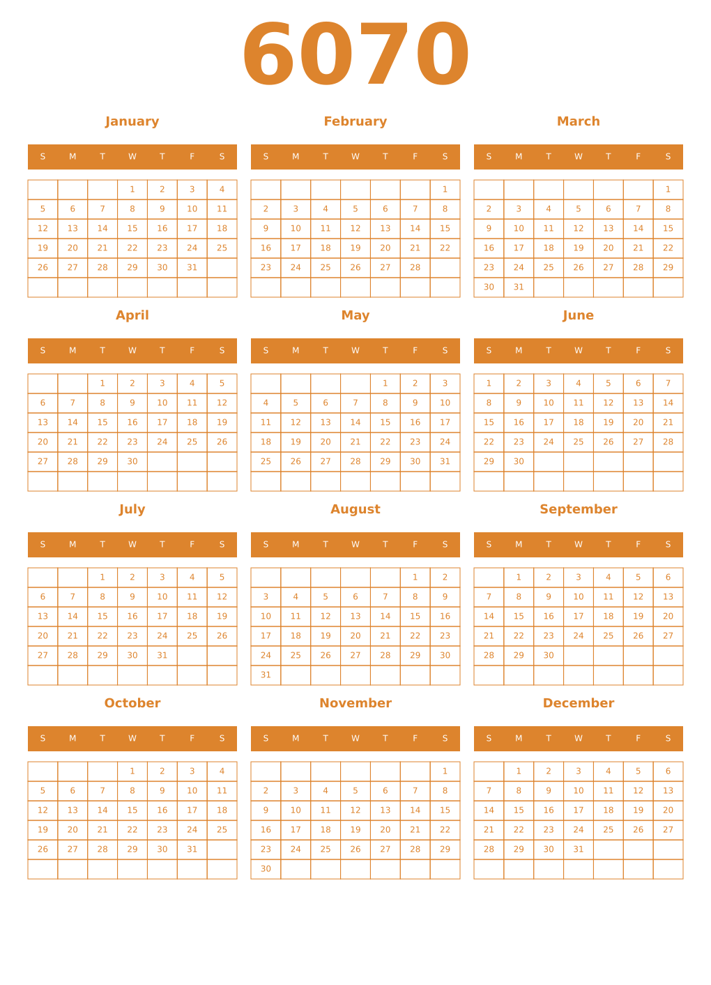 Printable 6070 Year Calendars orange