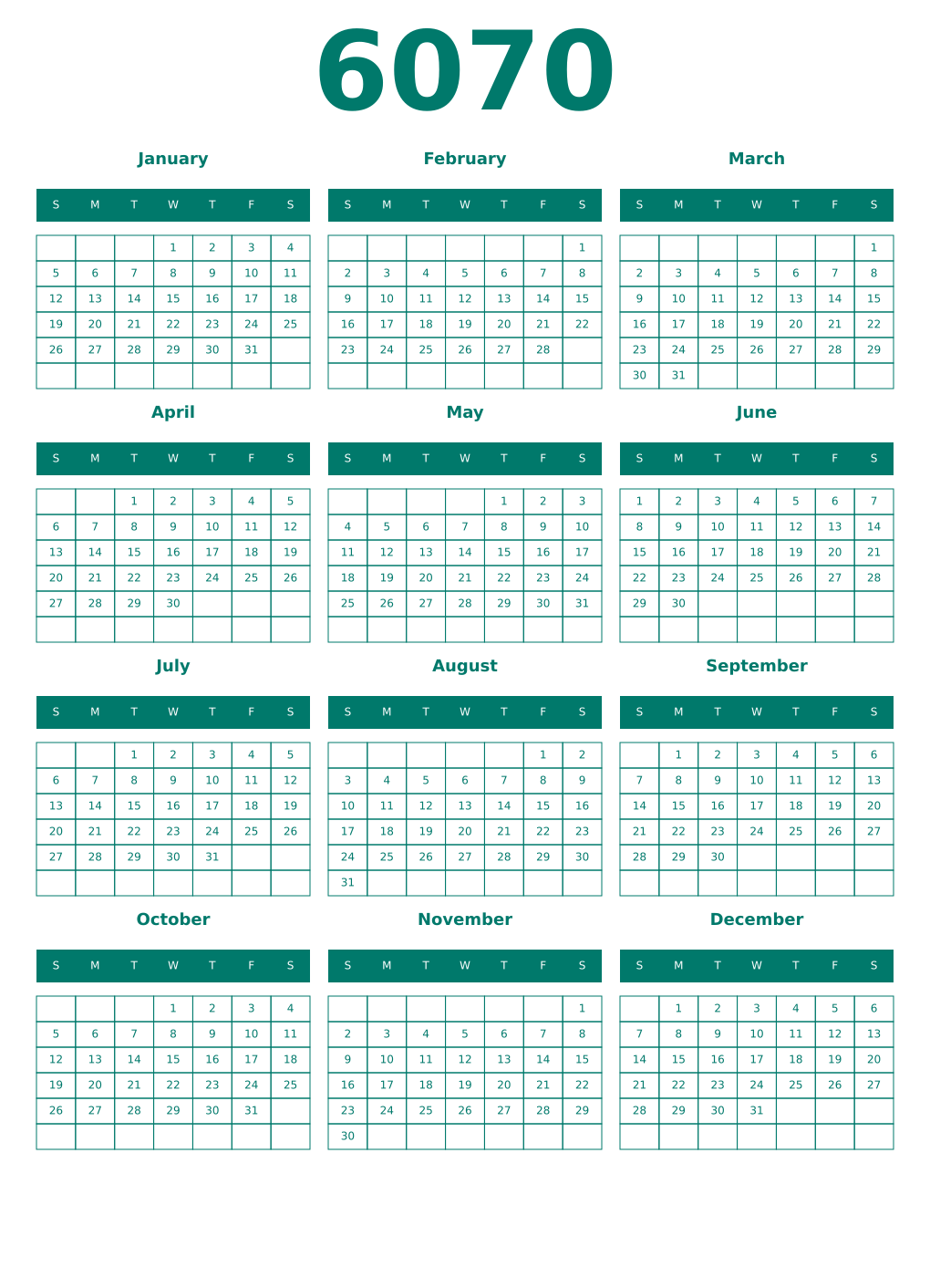 Printable 6070 Year Calendars pastel