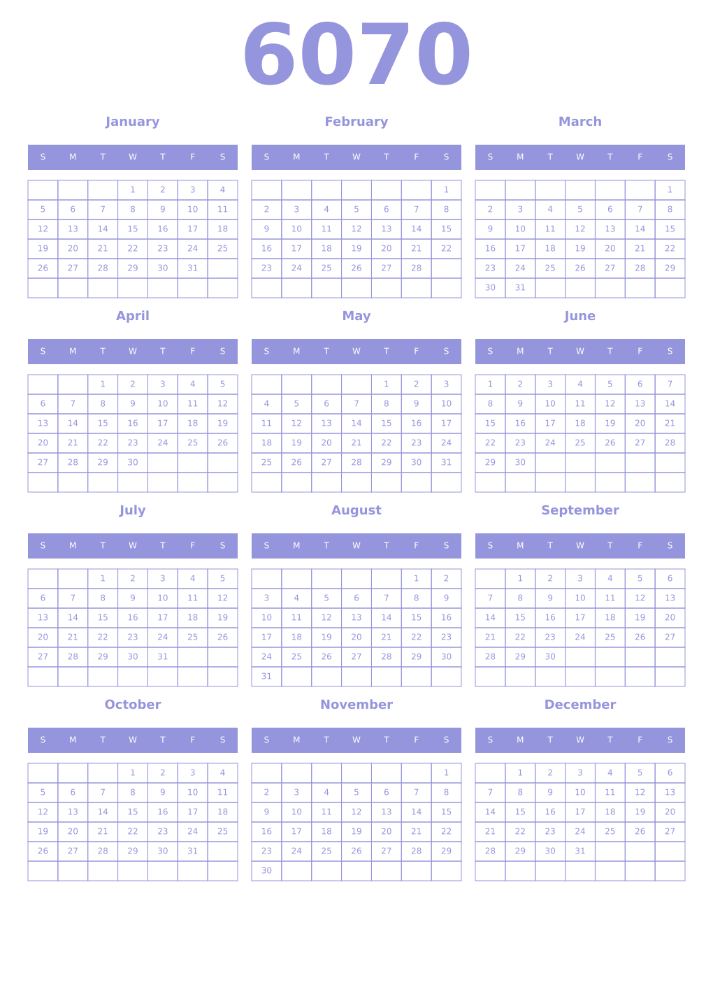 Printable 6070 Year Calendars periwinkle
