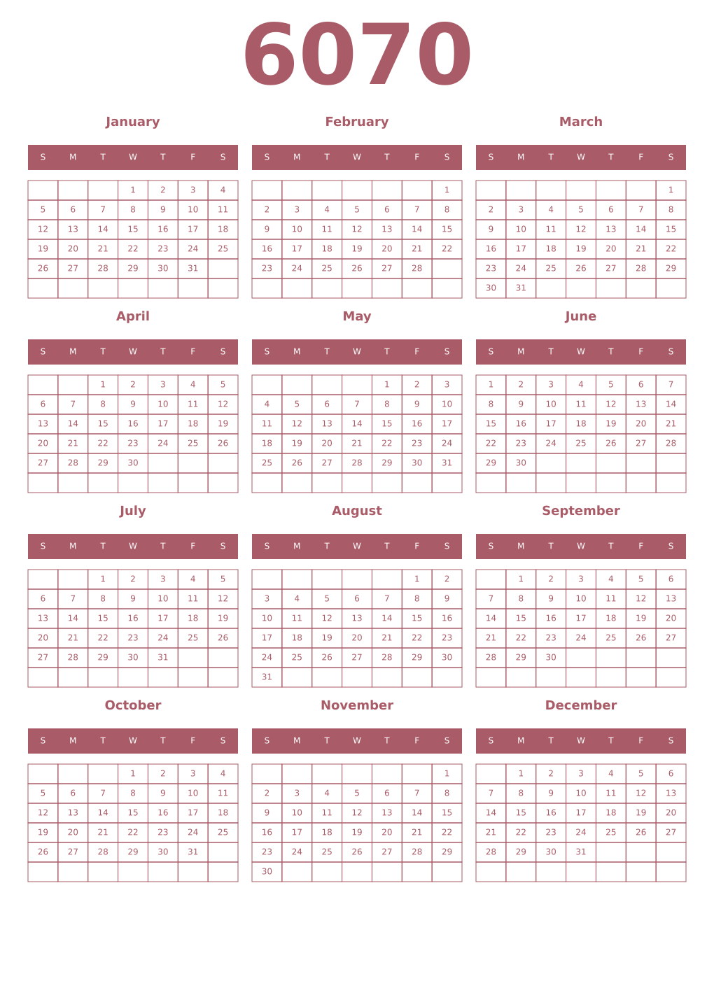 Printable 6070 Year Calendars puce