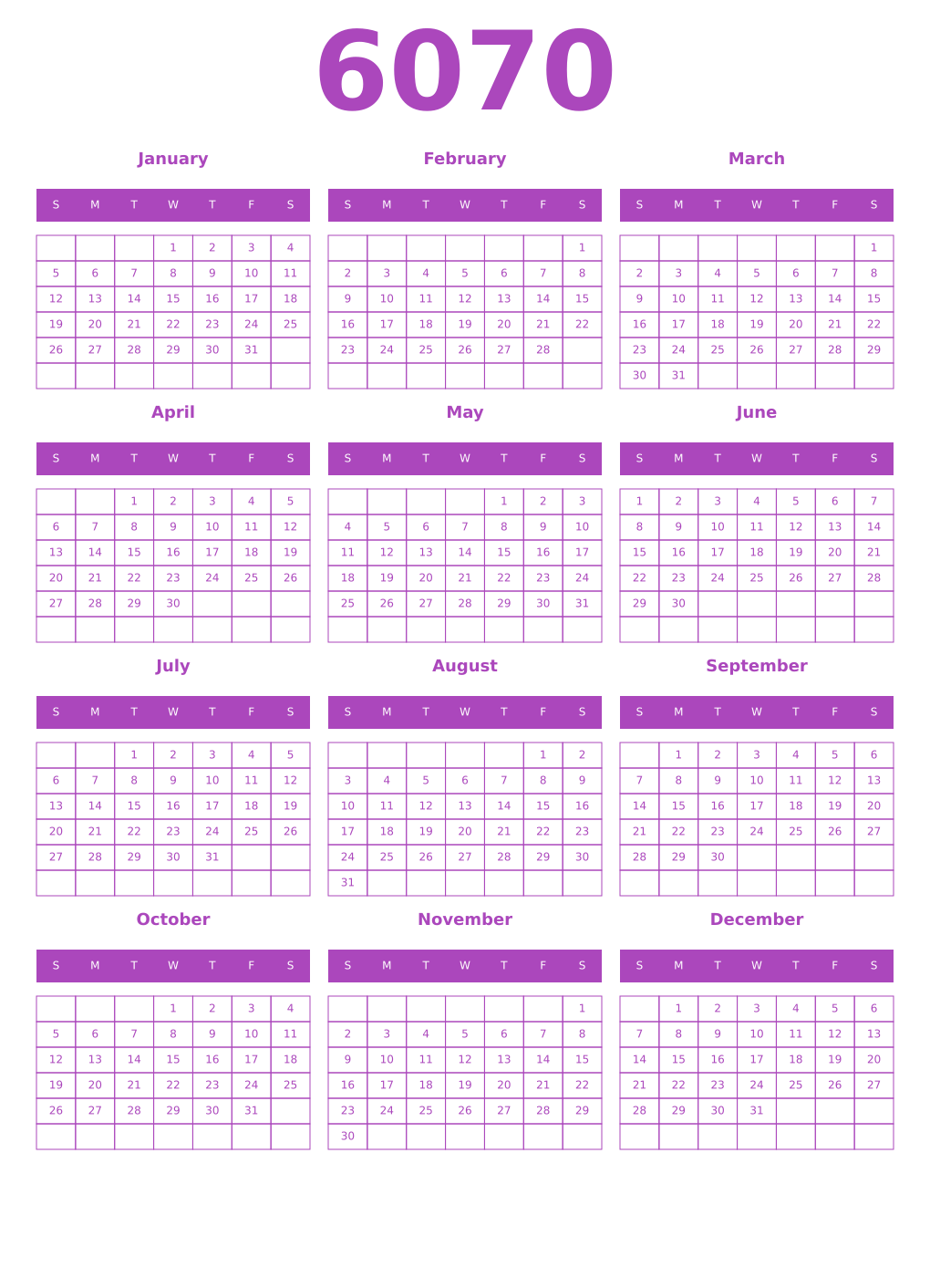 Printable 6070 Year Calendars purple