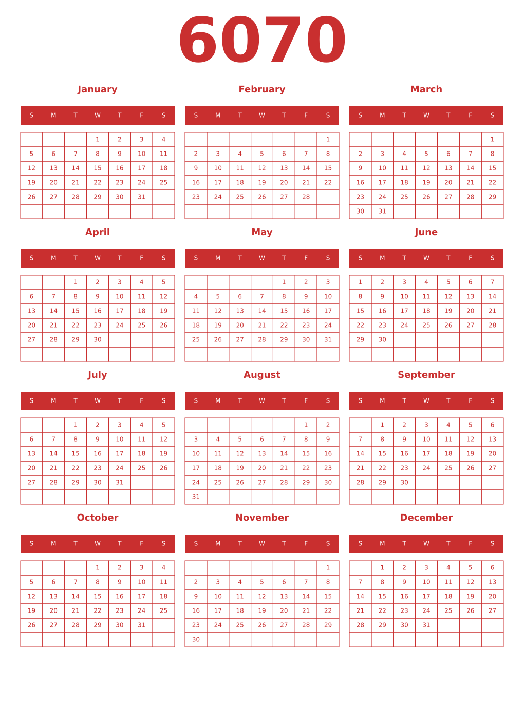 Printable 6070 Year Calendars red