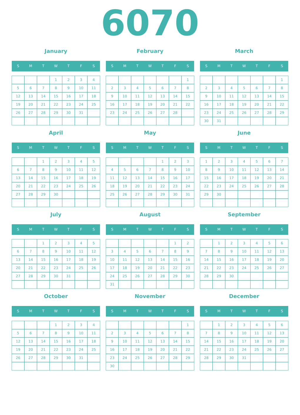 Printable 6070 Year Calendars verdigris