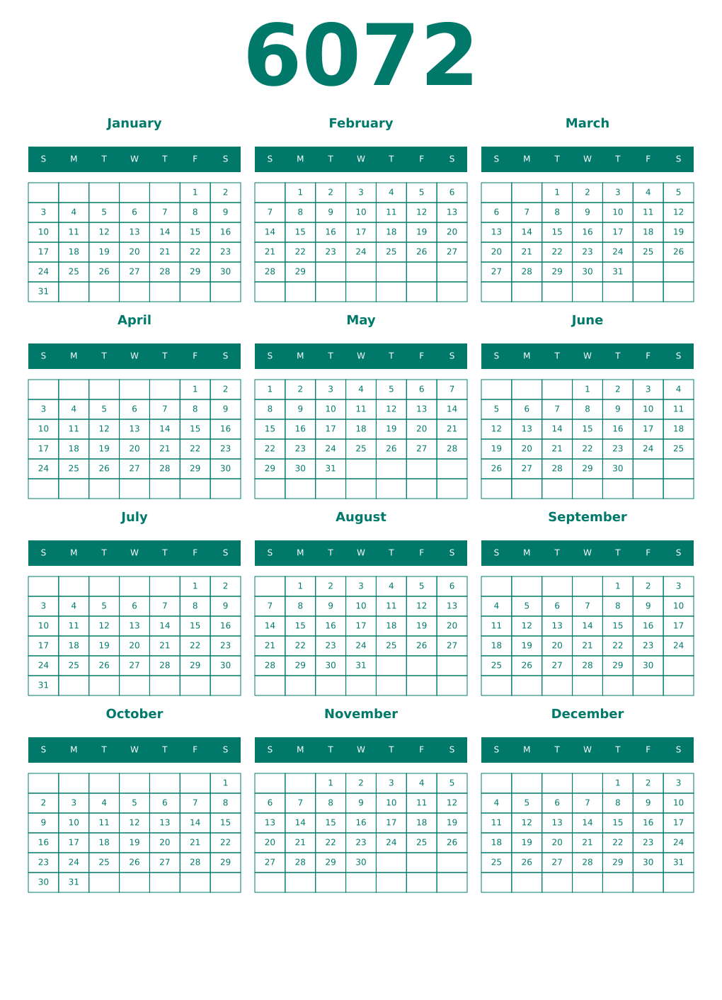 Printable 6072 Year Calendars pastel