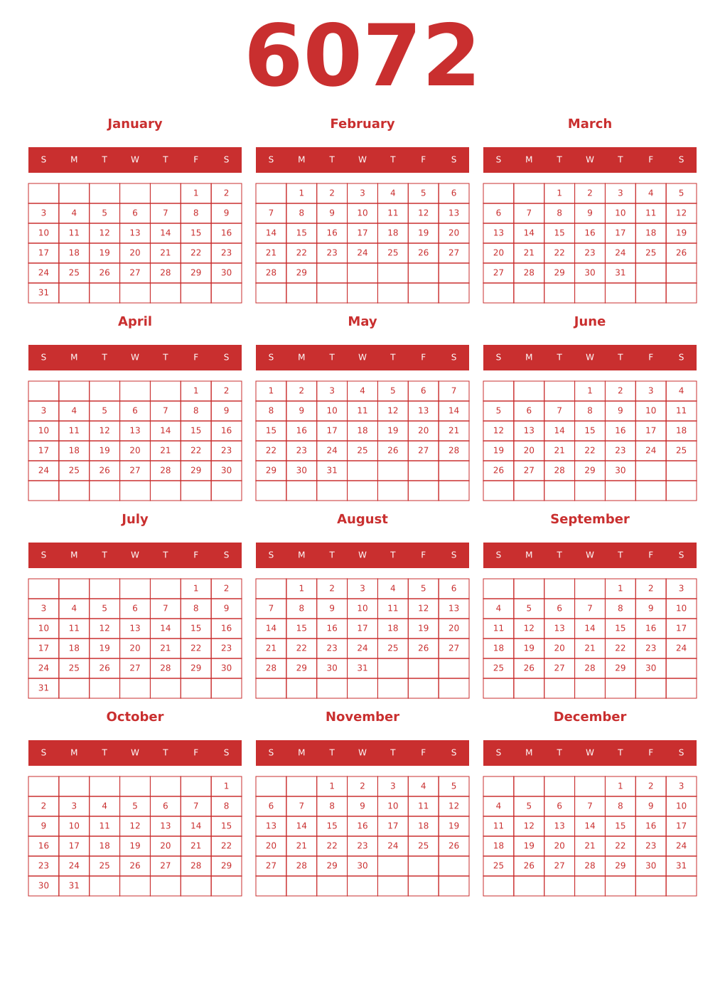 Printable 6072 Year Calendars red