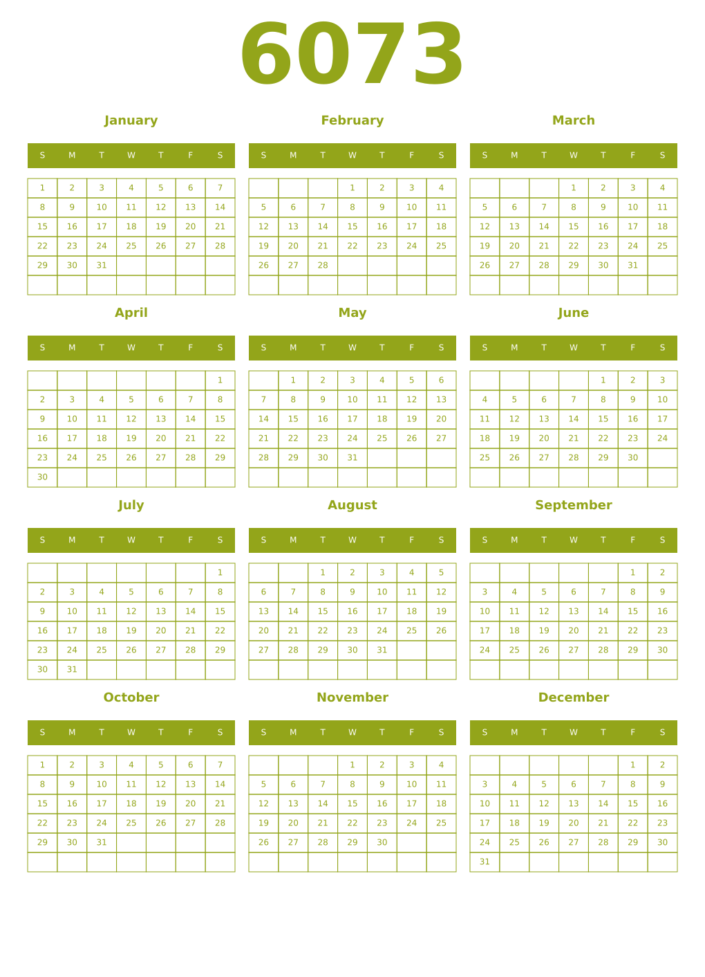 Printable 6073 Year Calendars chartreuse