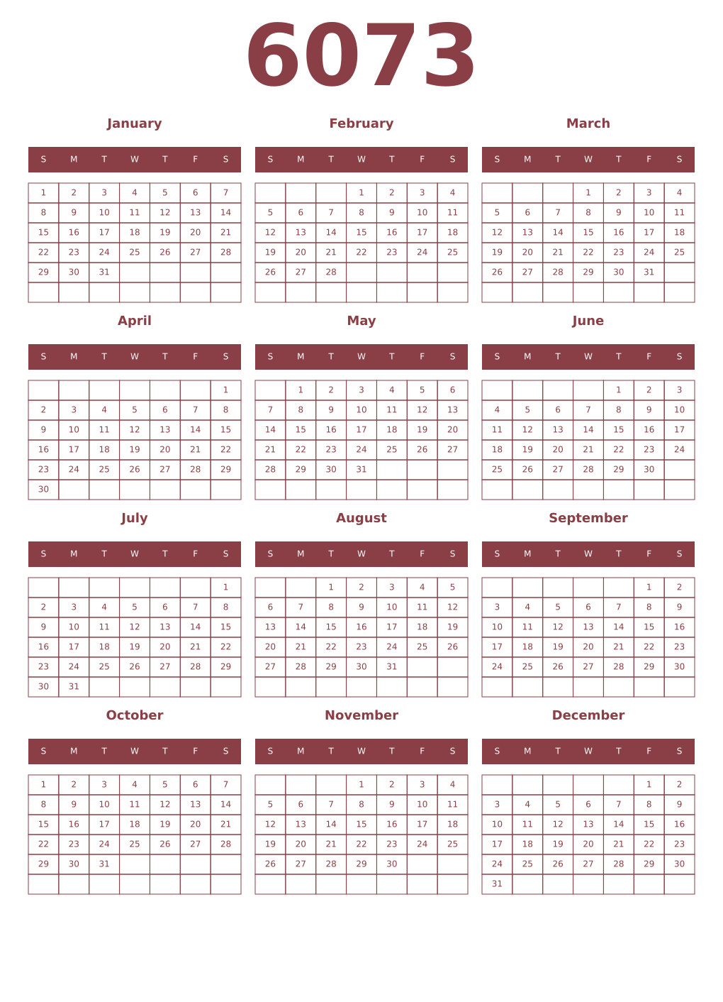 Printable 6073 Year Calendars cordovan