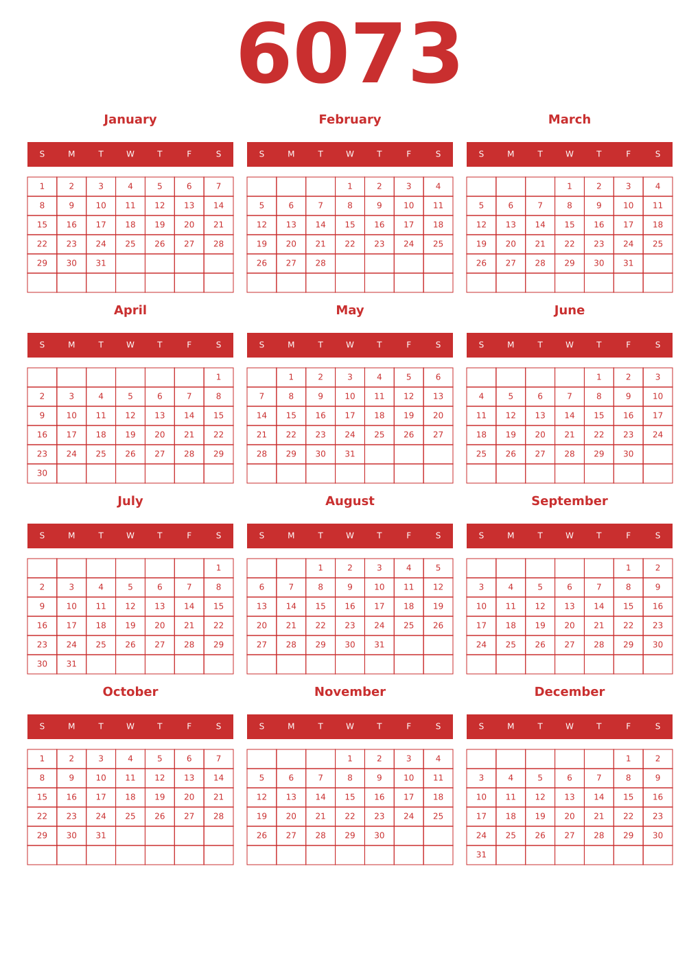 Printable 6073 Year Calendars red