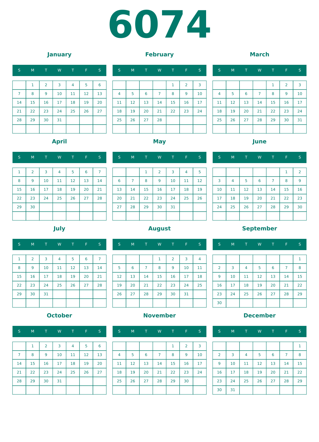 Printable 6074 Year Calendars pastel