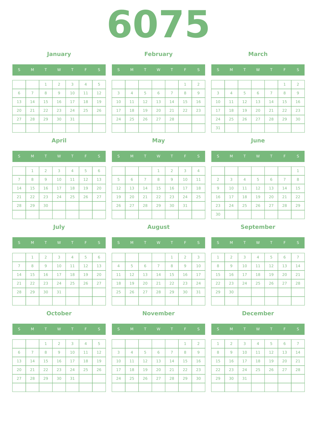 Printable 6075 Year Calendars celadon
