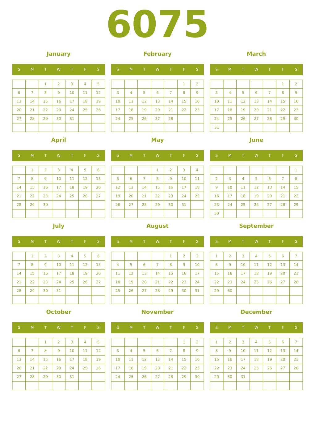 Printable 6075 Year Calendars chartreuse