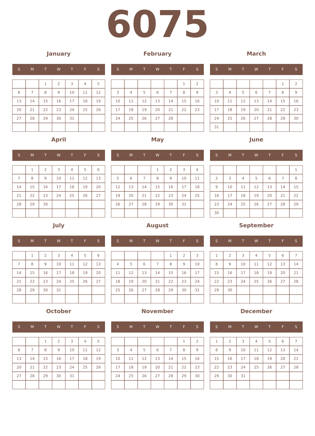 Printable 6075 Year Calendars coffe