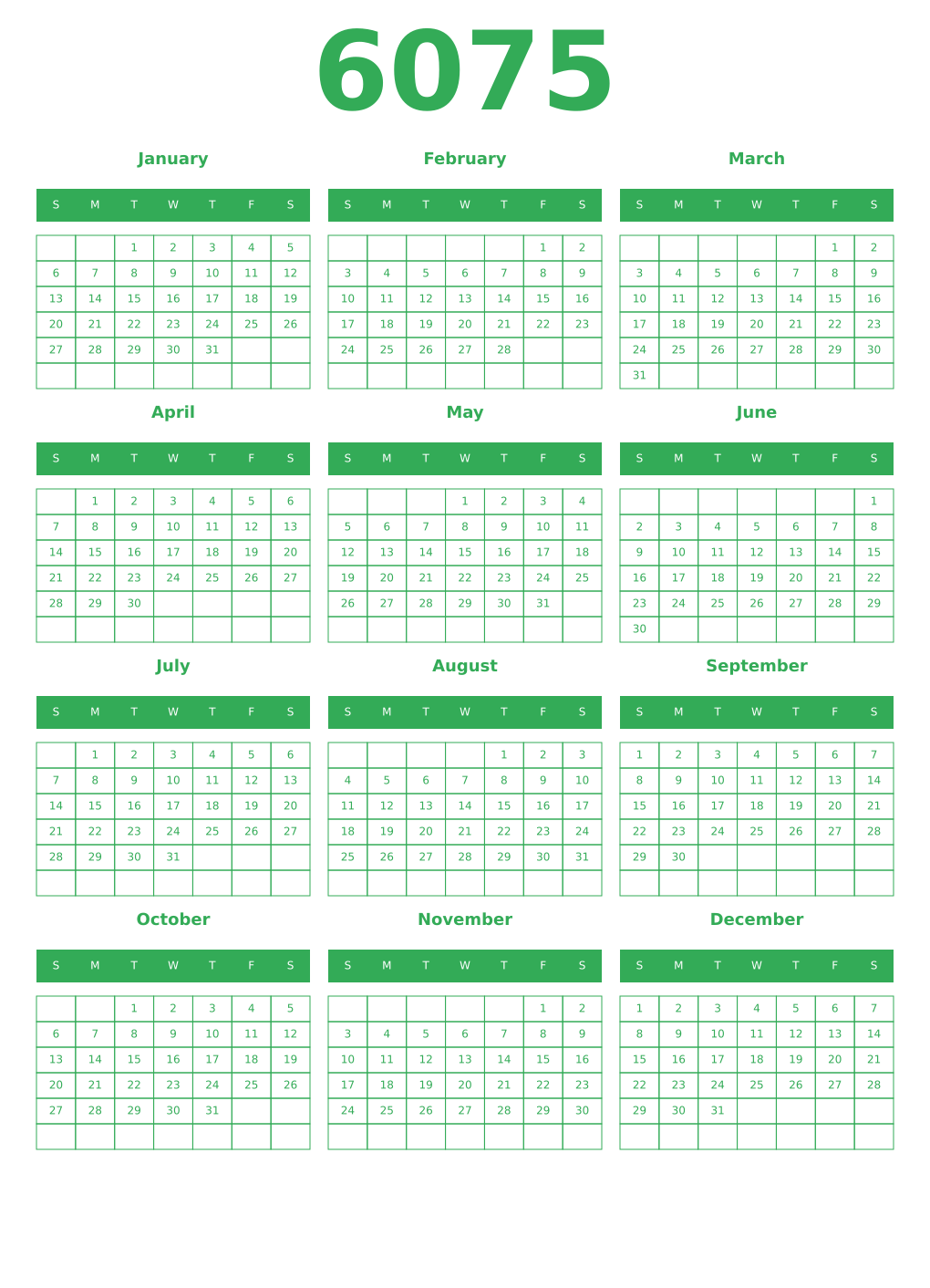 Printable 6075 Year Calendars green
