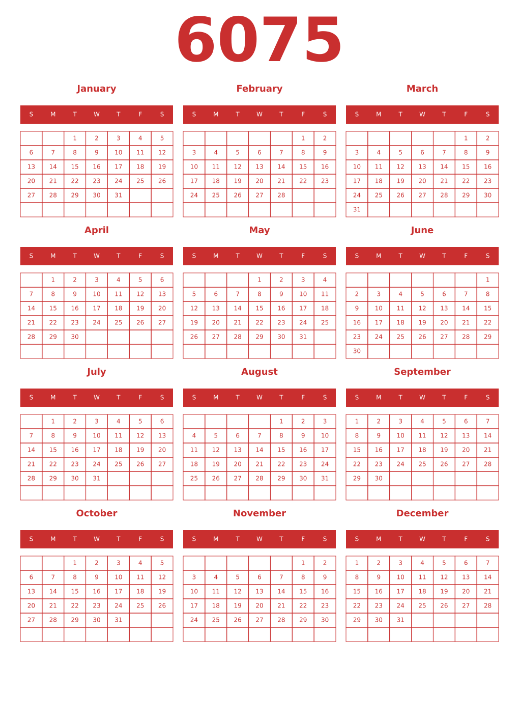 Printable 6075 Year Calendars red