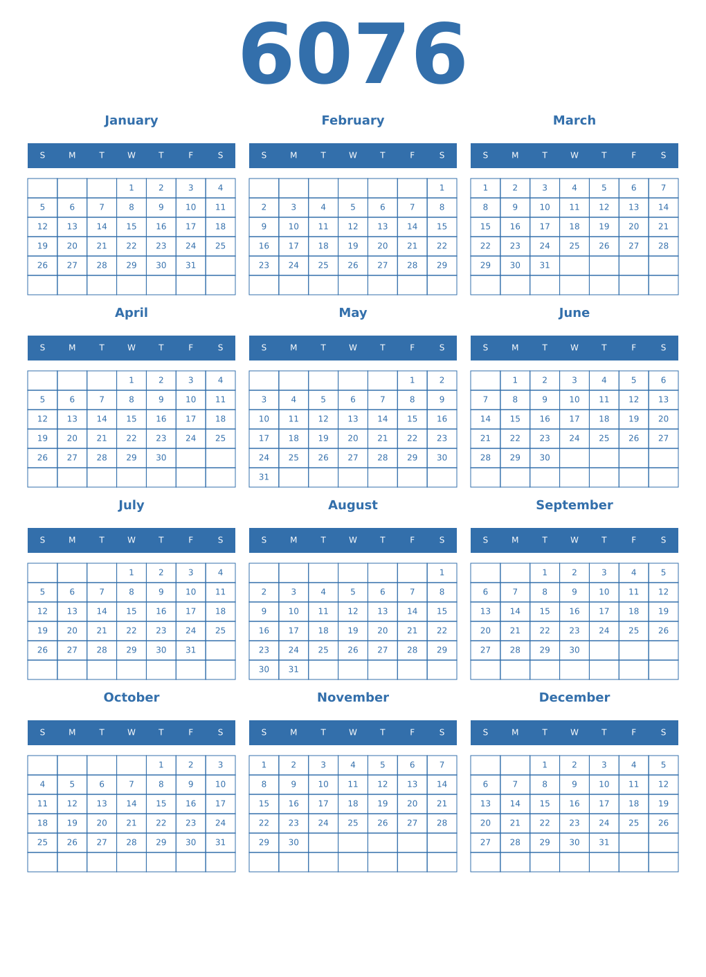 Printable 6076 Year Calendars blue