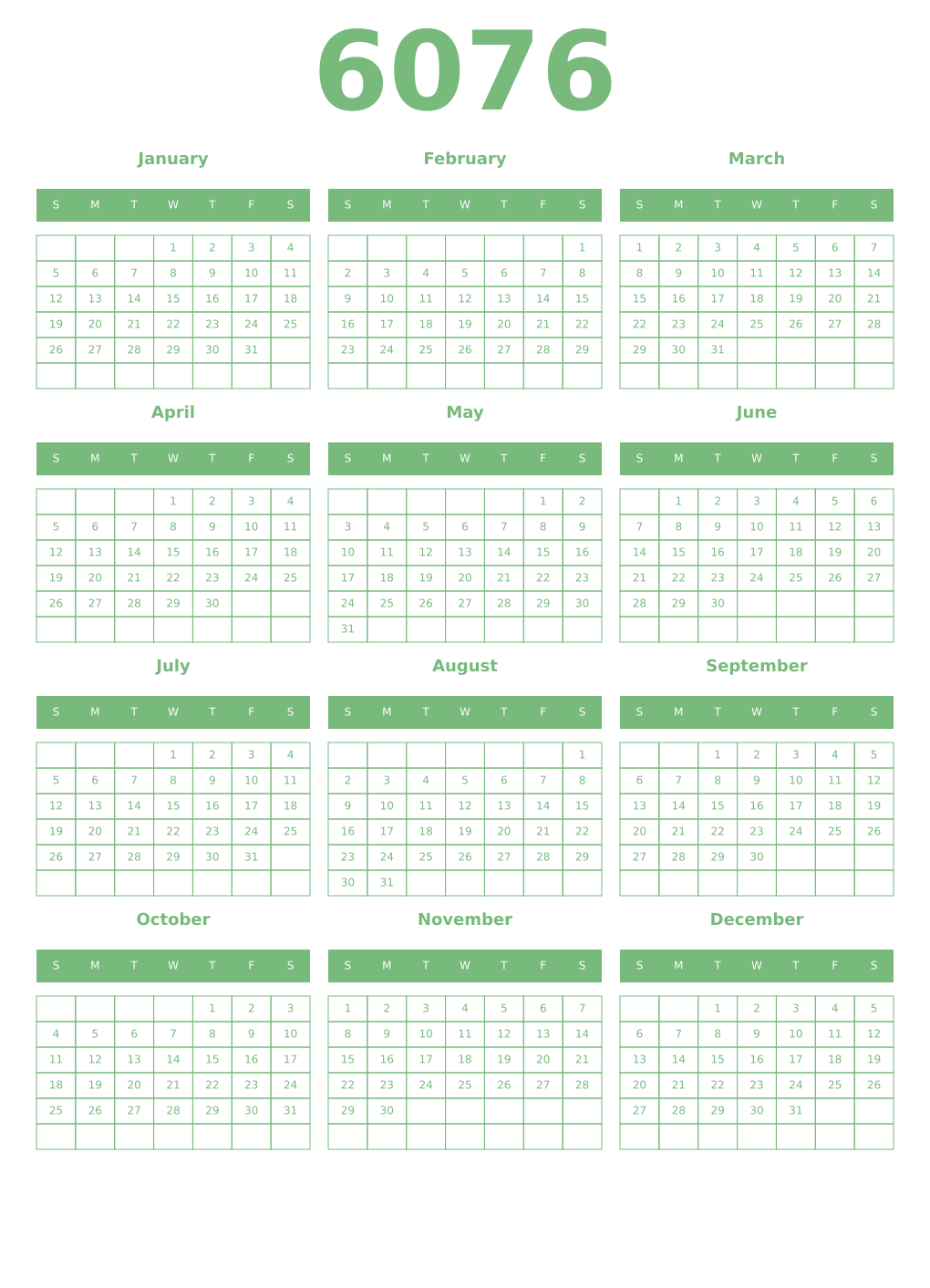 Printable 6076 Year Calendars celadon