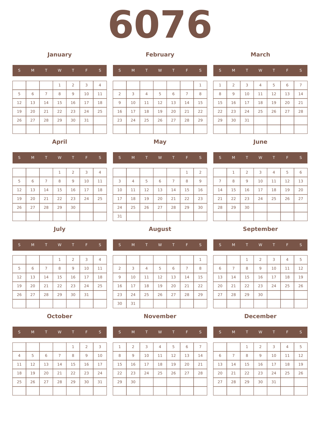 Printable 6076 Year Calendars coffe
