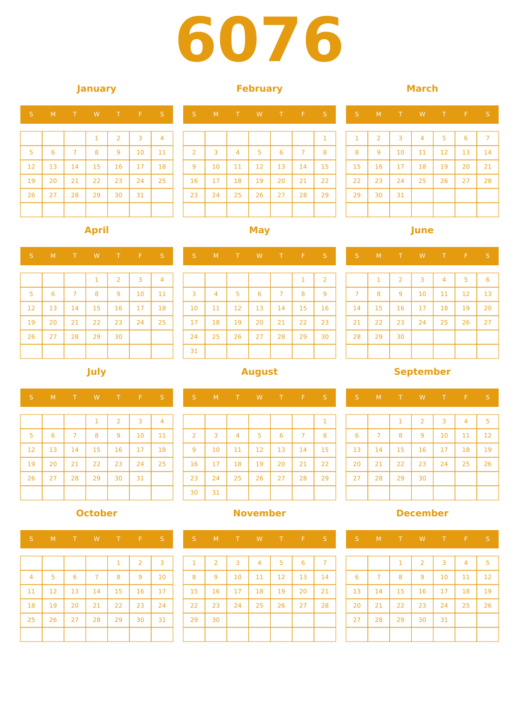 Printable 6076 Year Calendars gamboge