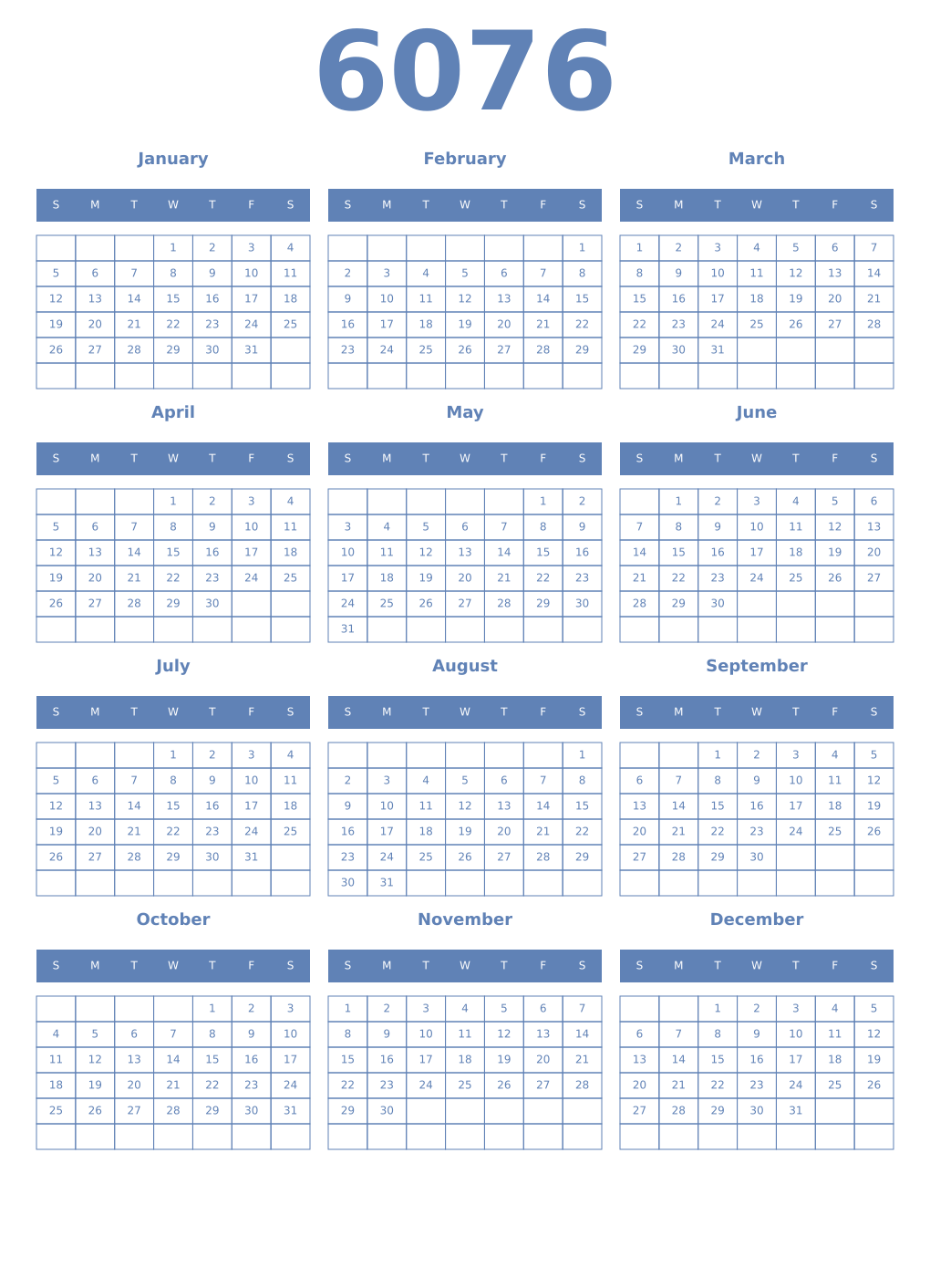 Printable 6076 Year Calendars glaucous