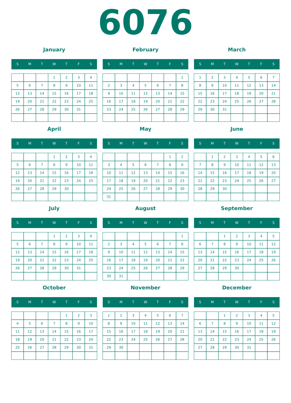 Printable 6076 Year Calendars pastel