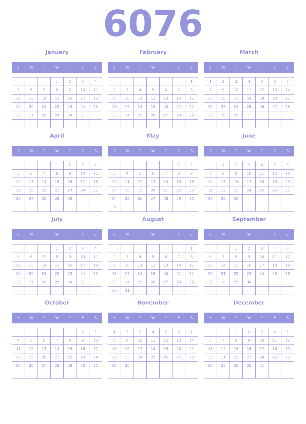 Printable 6076 Year Calendars periwinkle