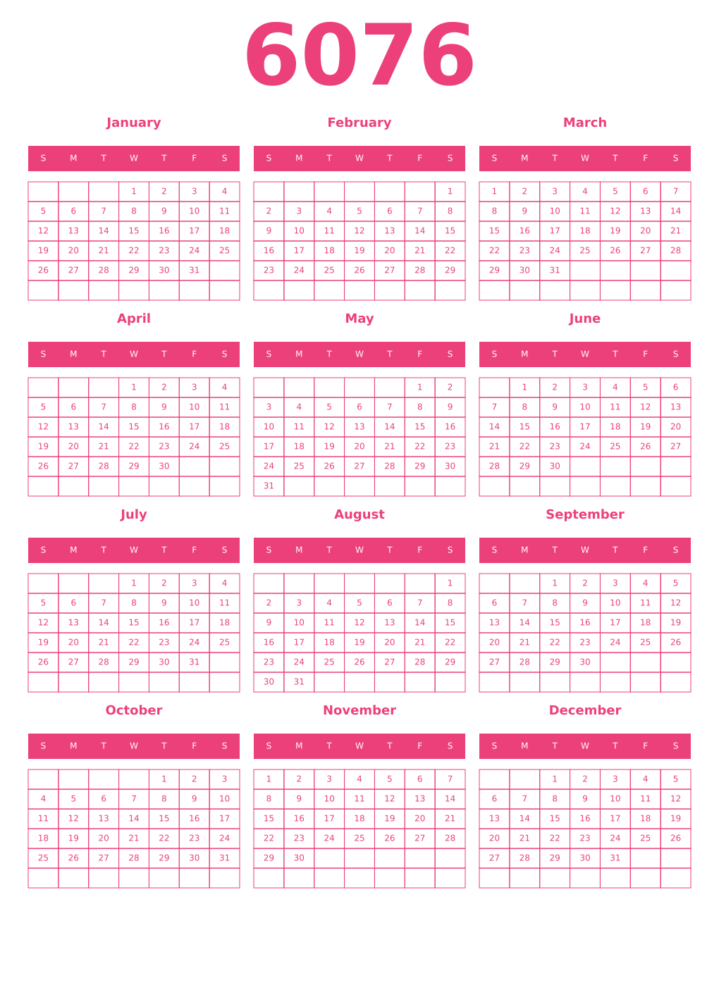 Printable 6076 Year Calendars pink