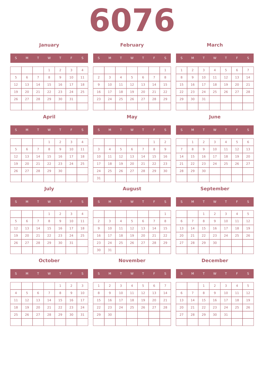 Printable 6076 Year Calendars puce