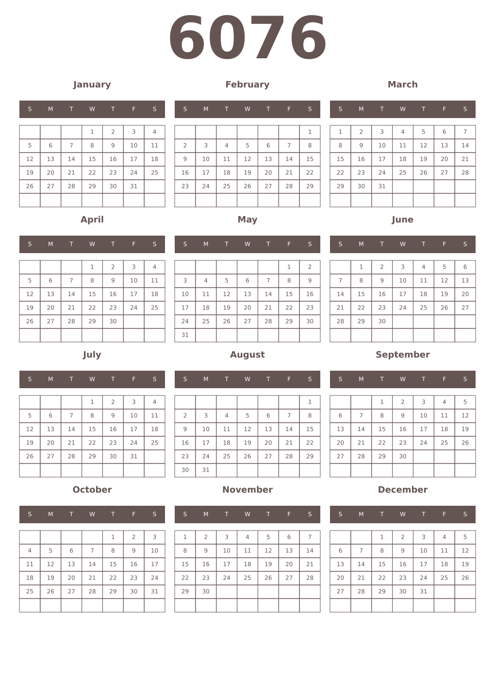 Printable 6076 Year Calendars wenge