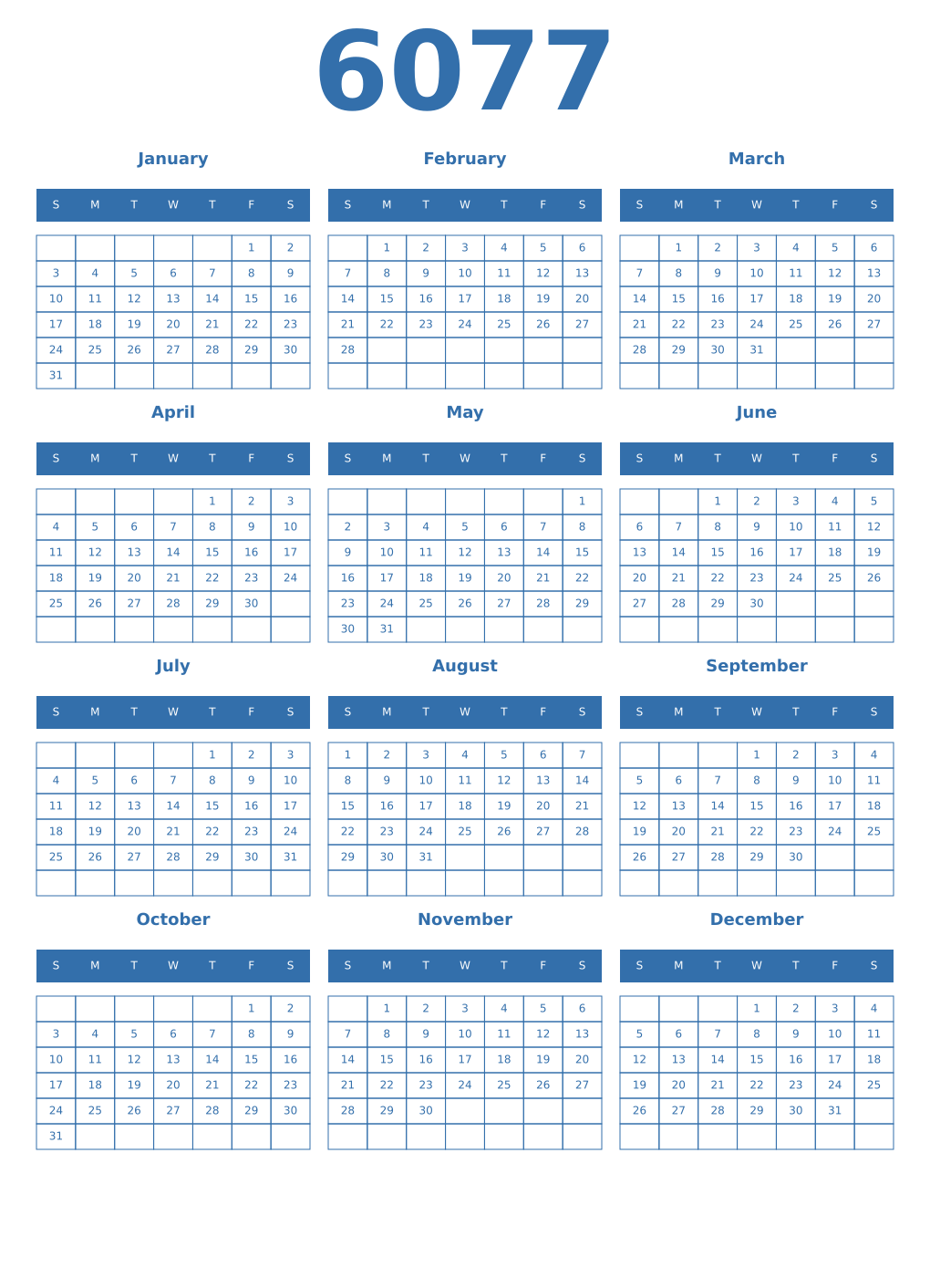 Printable 6077 Year Calendars blue