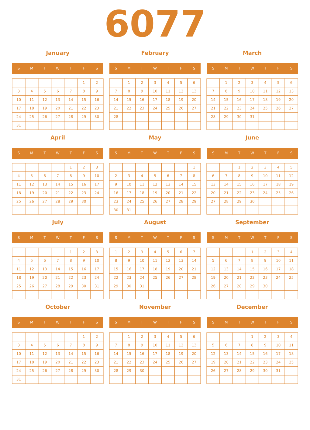 Printable 6077 Year Calendars orange