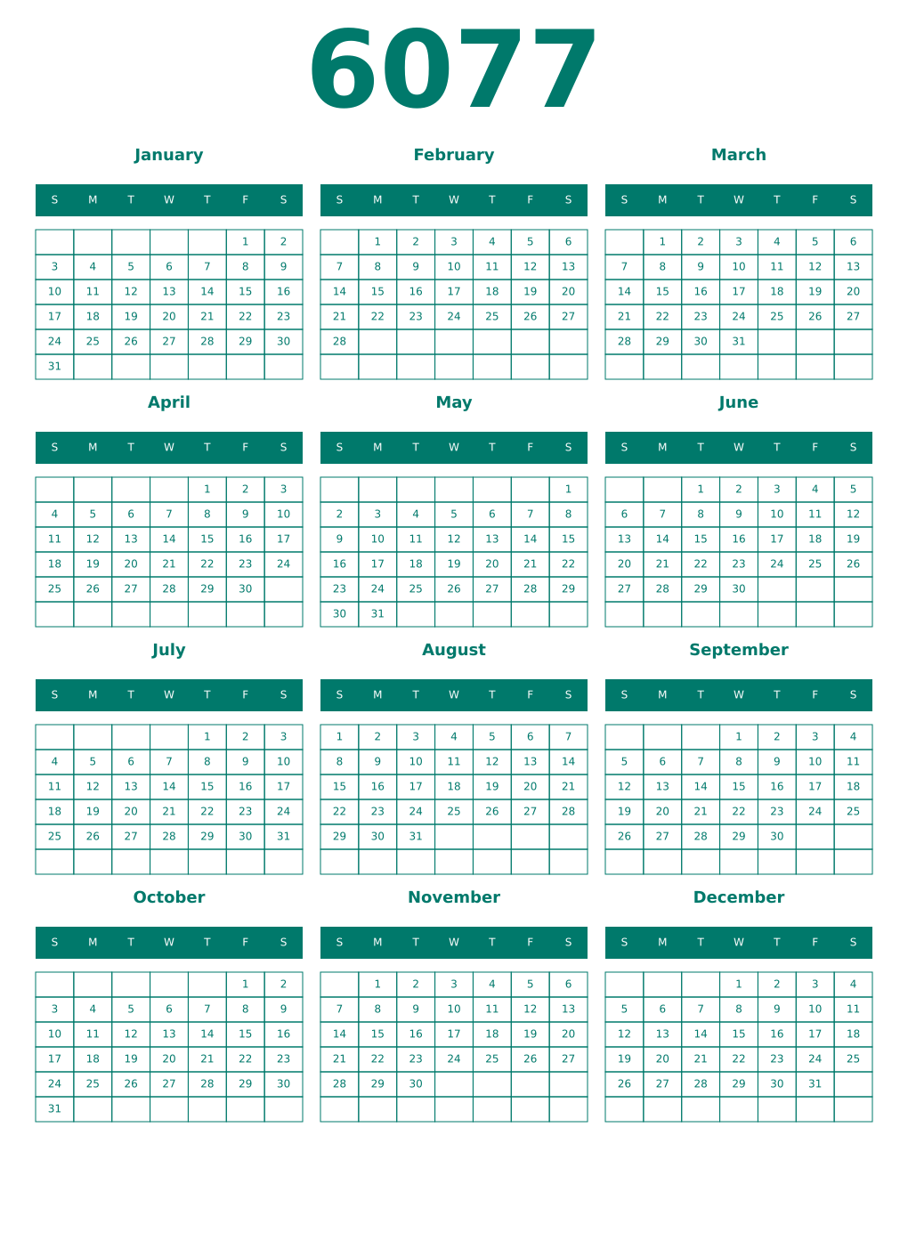 Printable 6077 Year Calendars pastel