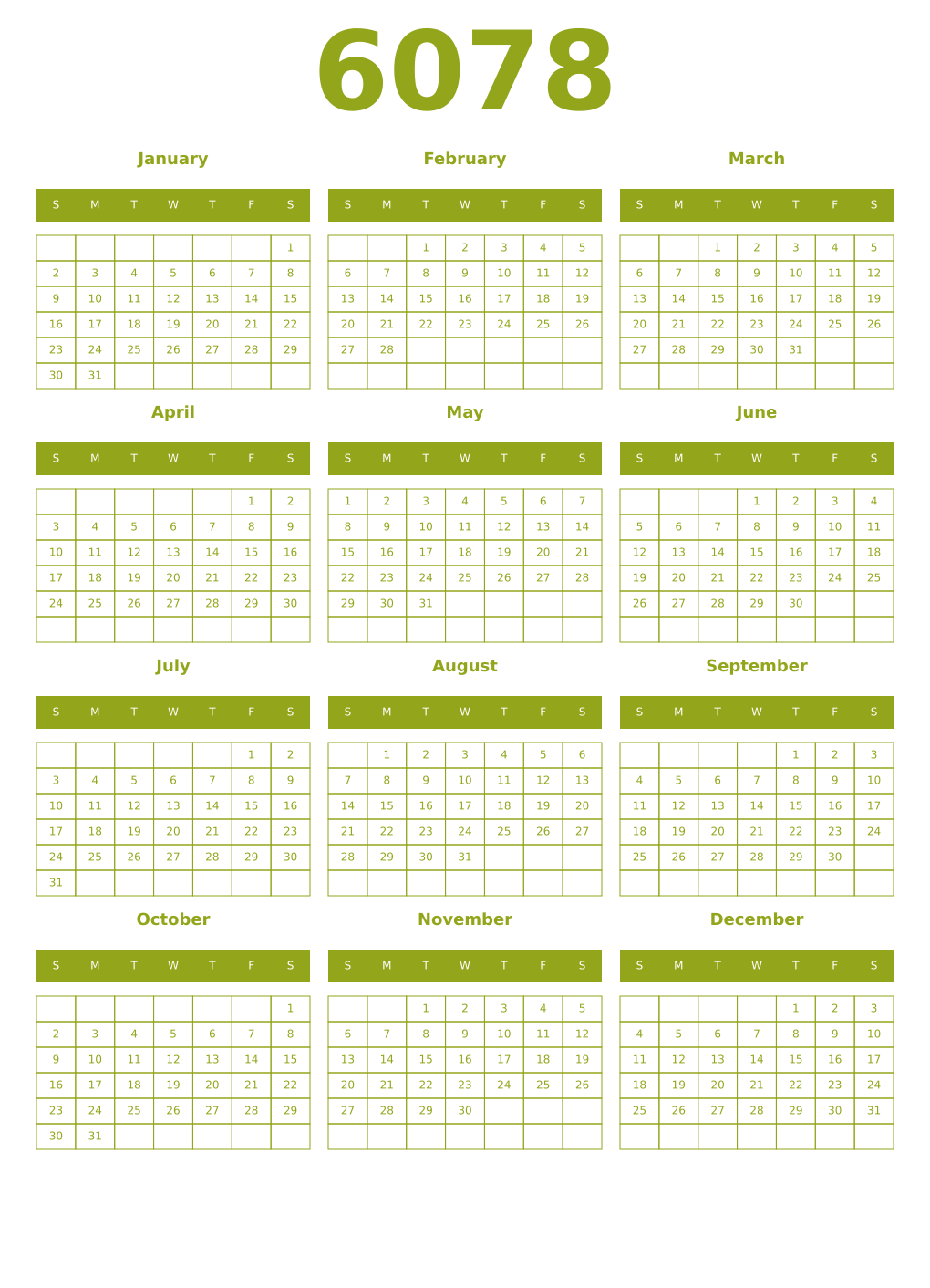 Printable 6078 Year Calendars chartreuse