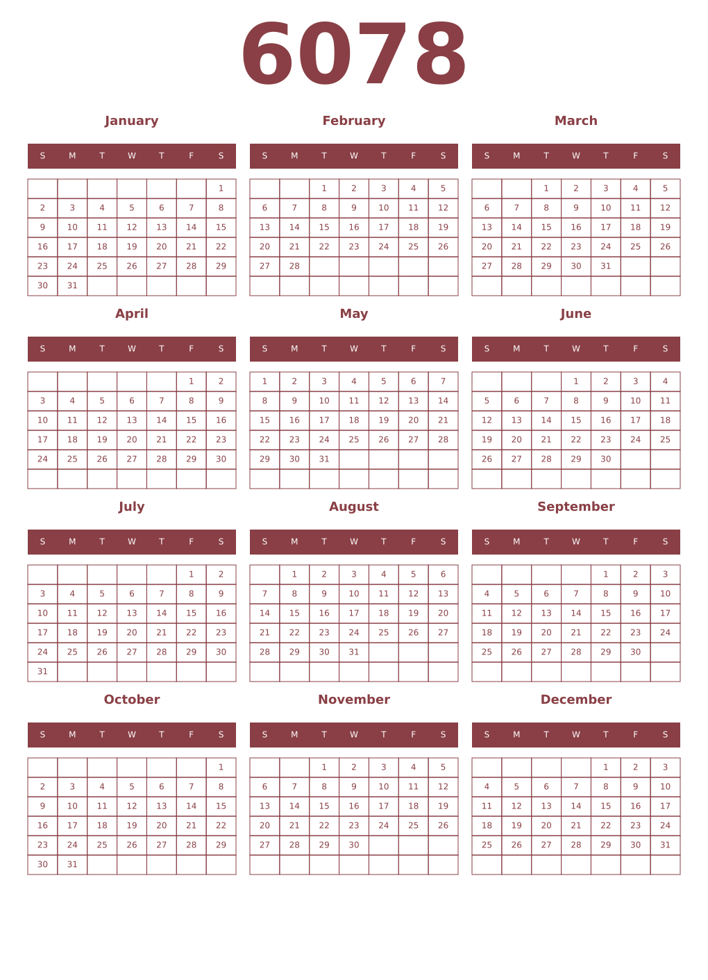 Printable 6078 Year Calendars cordovan
