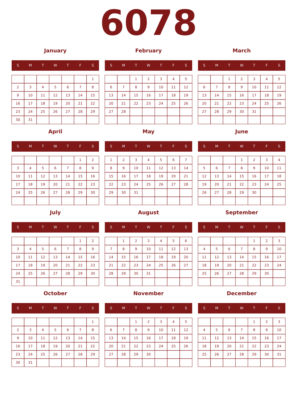 Printable 6078 Year Calendars falu