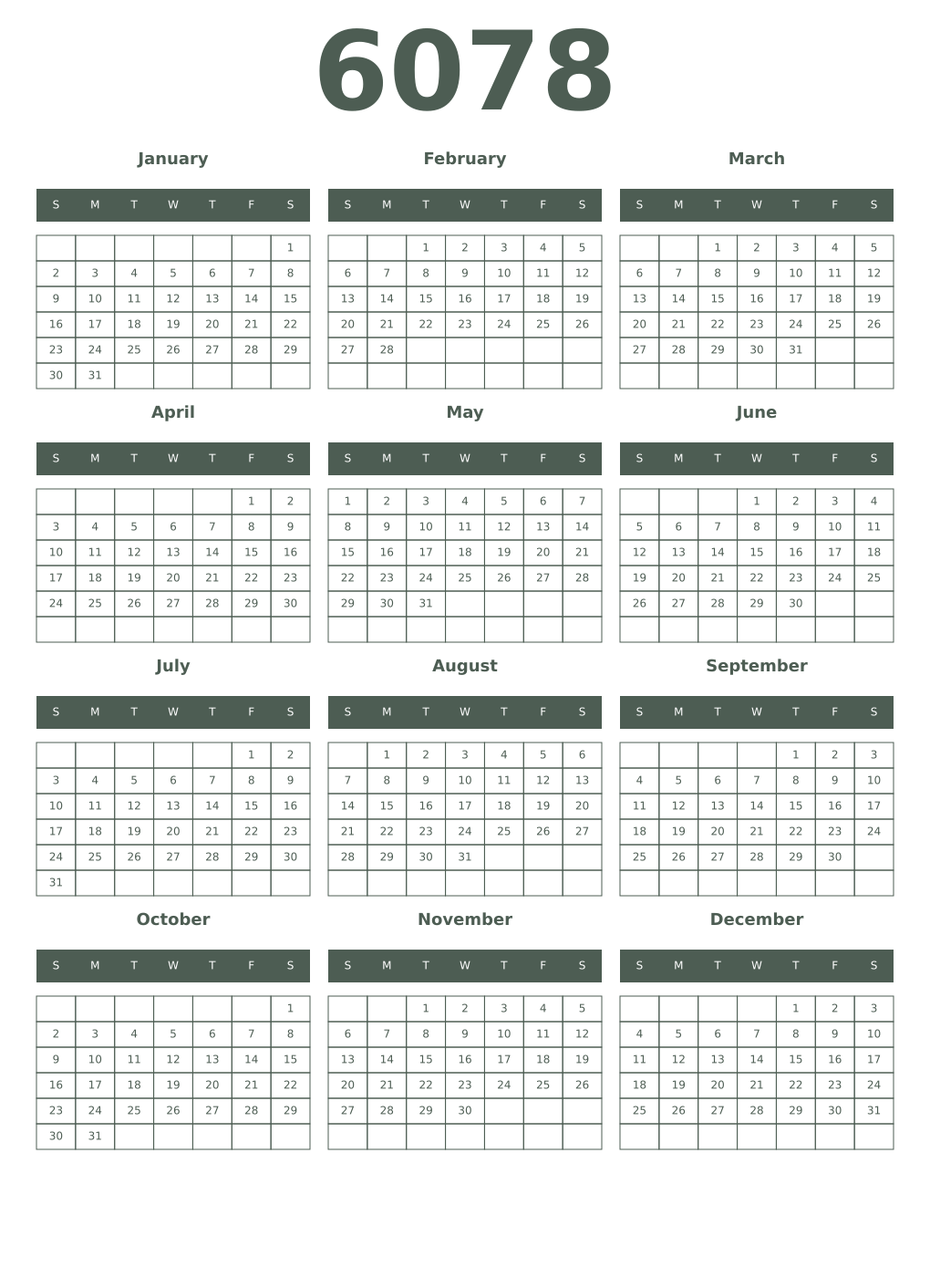 Printable 6078 Year Calendars feldgrau