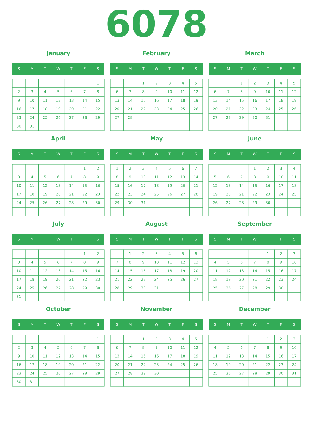 Printable 6078 Year Calendars green