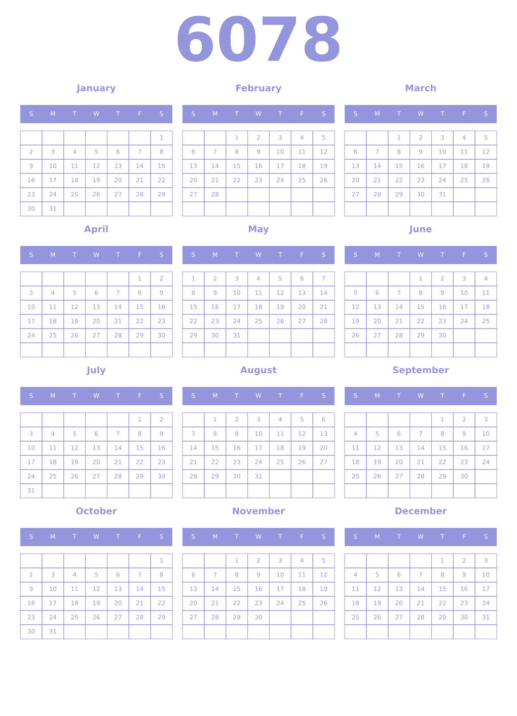 Printable 6078 Year Calendars periwinkle