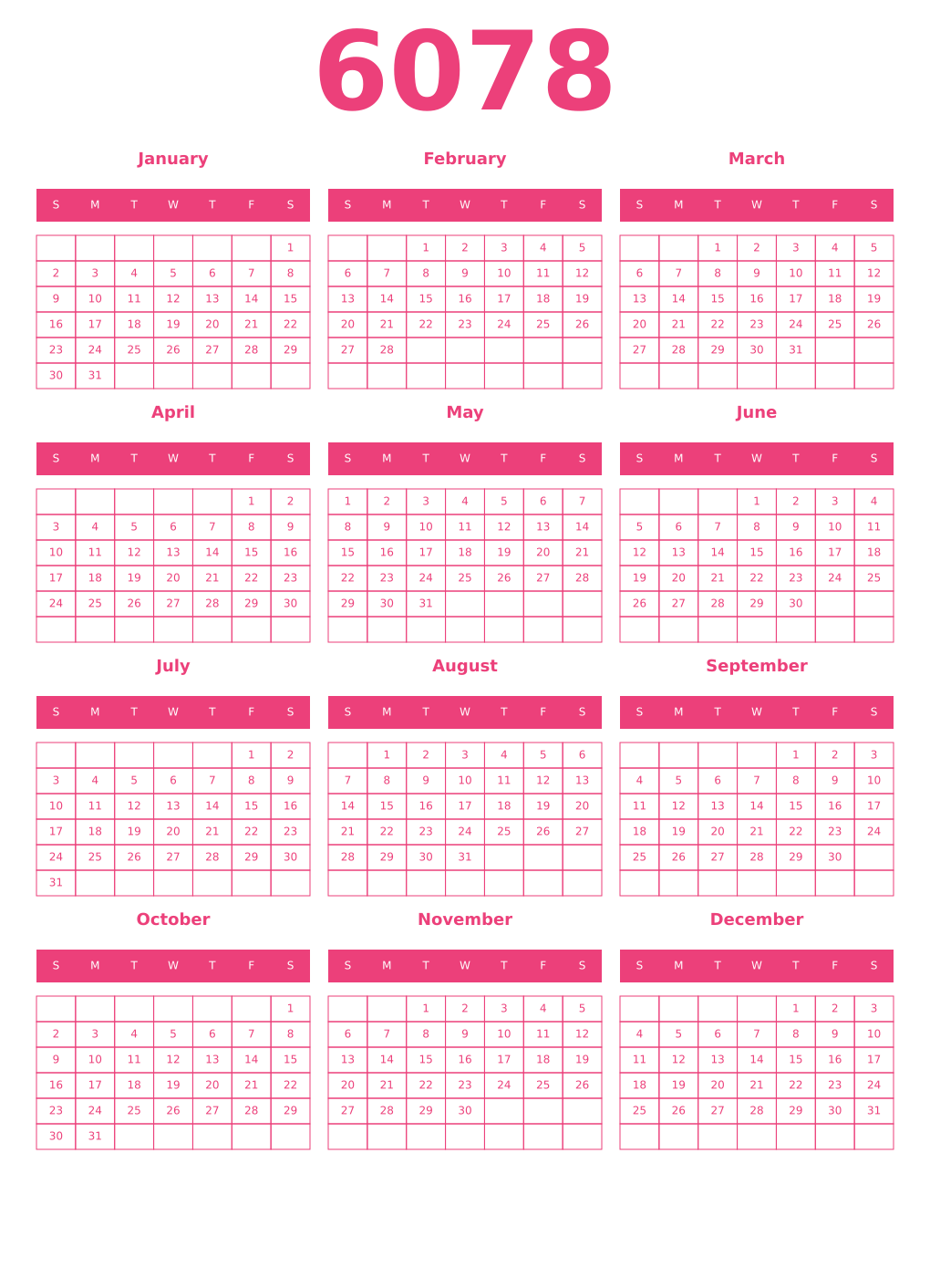 Printable 6078 Year Calendars pink