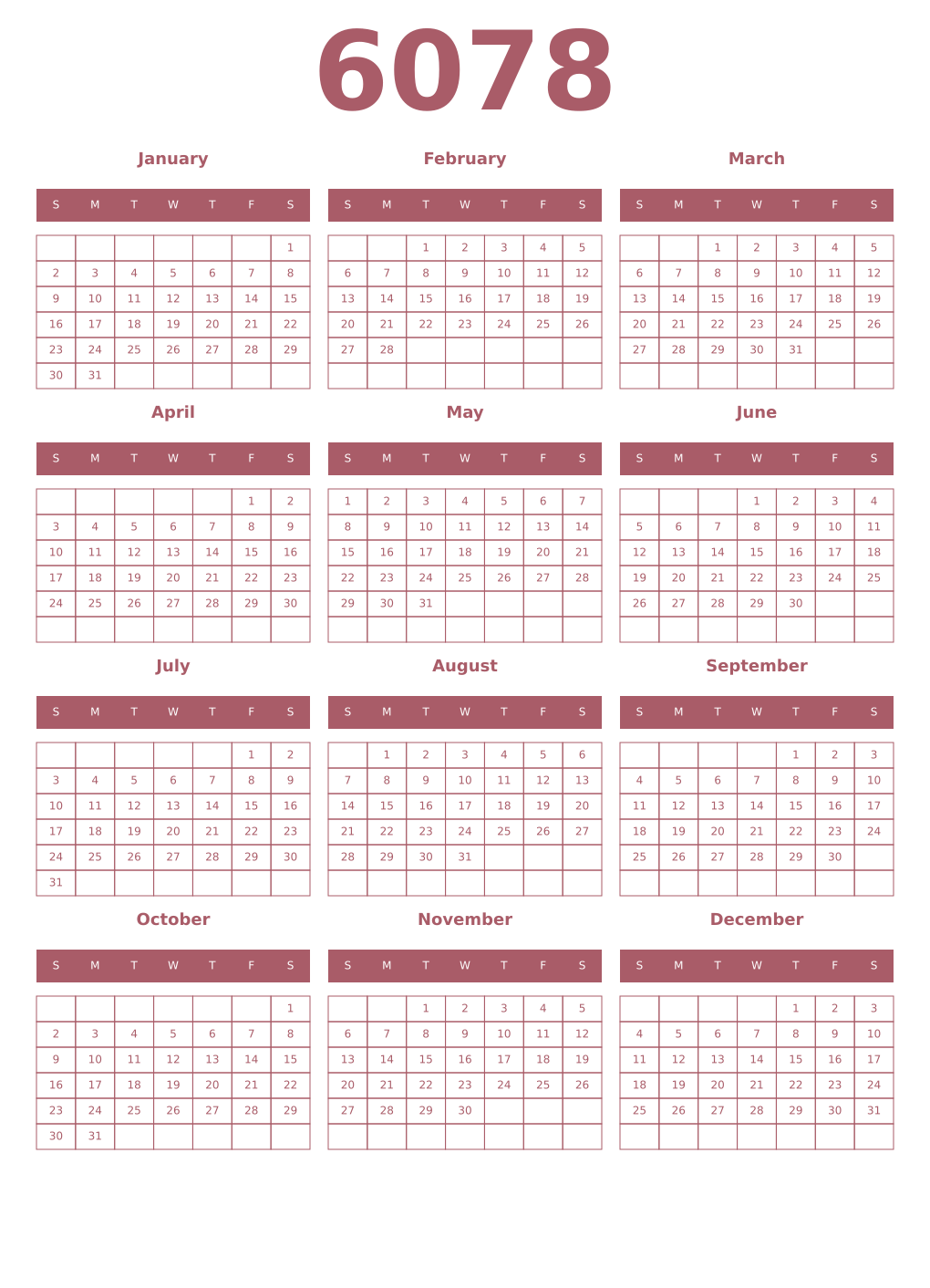 Printable 6078 Year Calendars puce