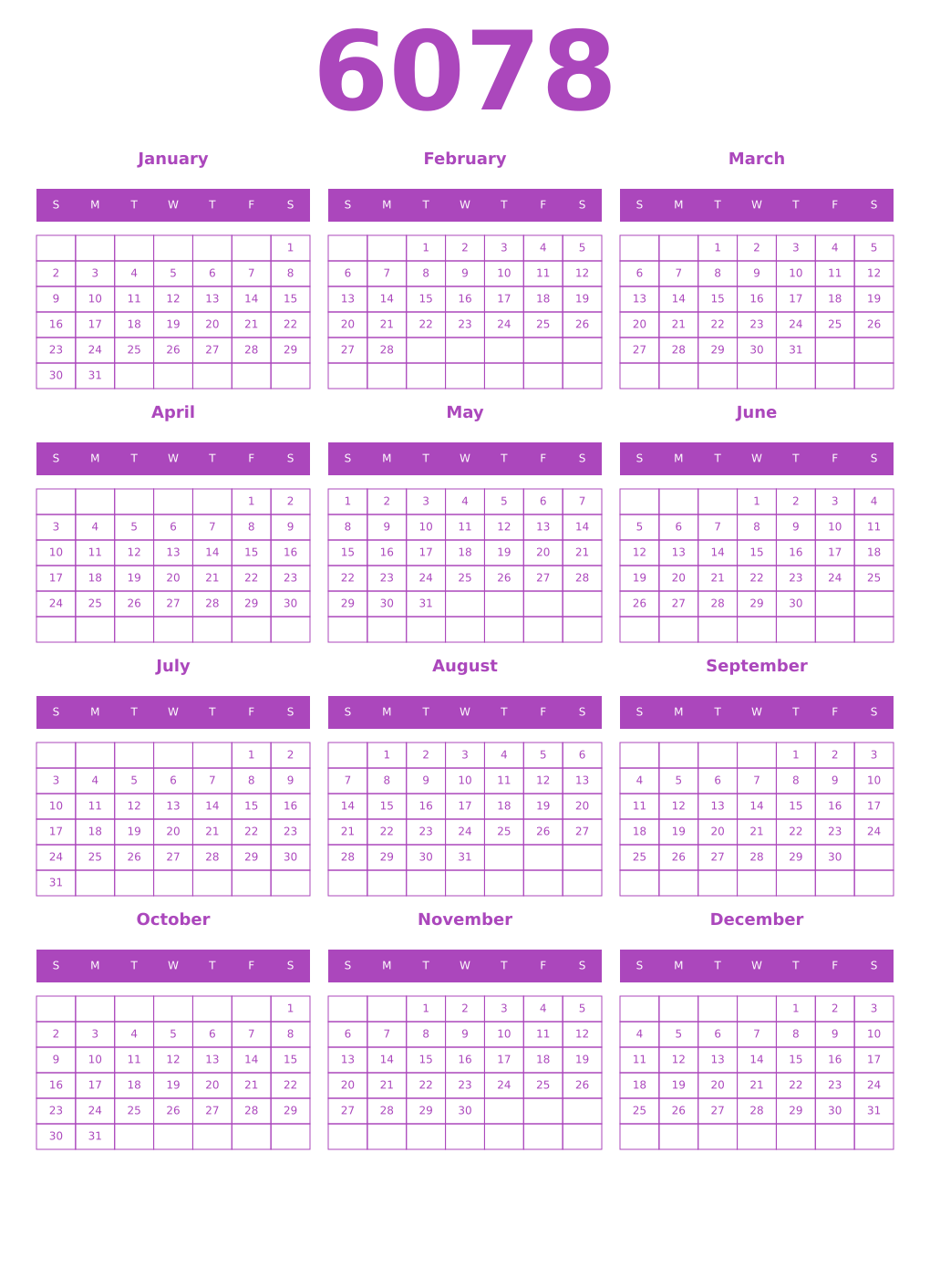 Printable 6078 Year Calendars purple