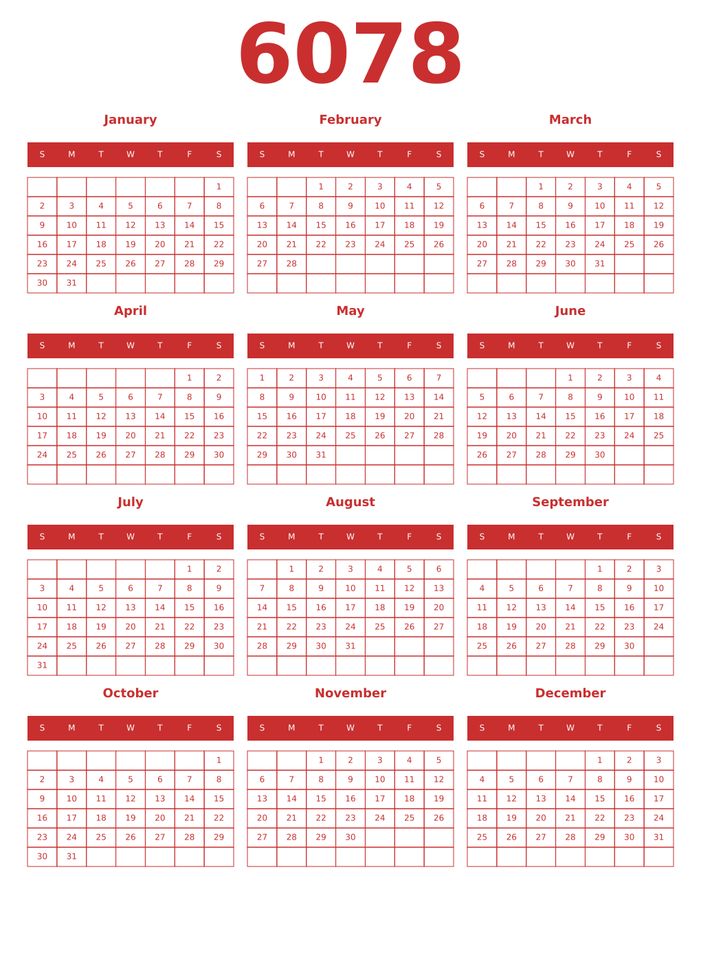 Printable 6078 Year Calendars red