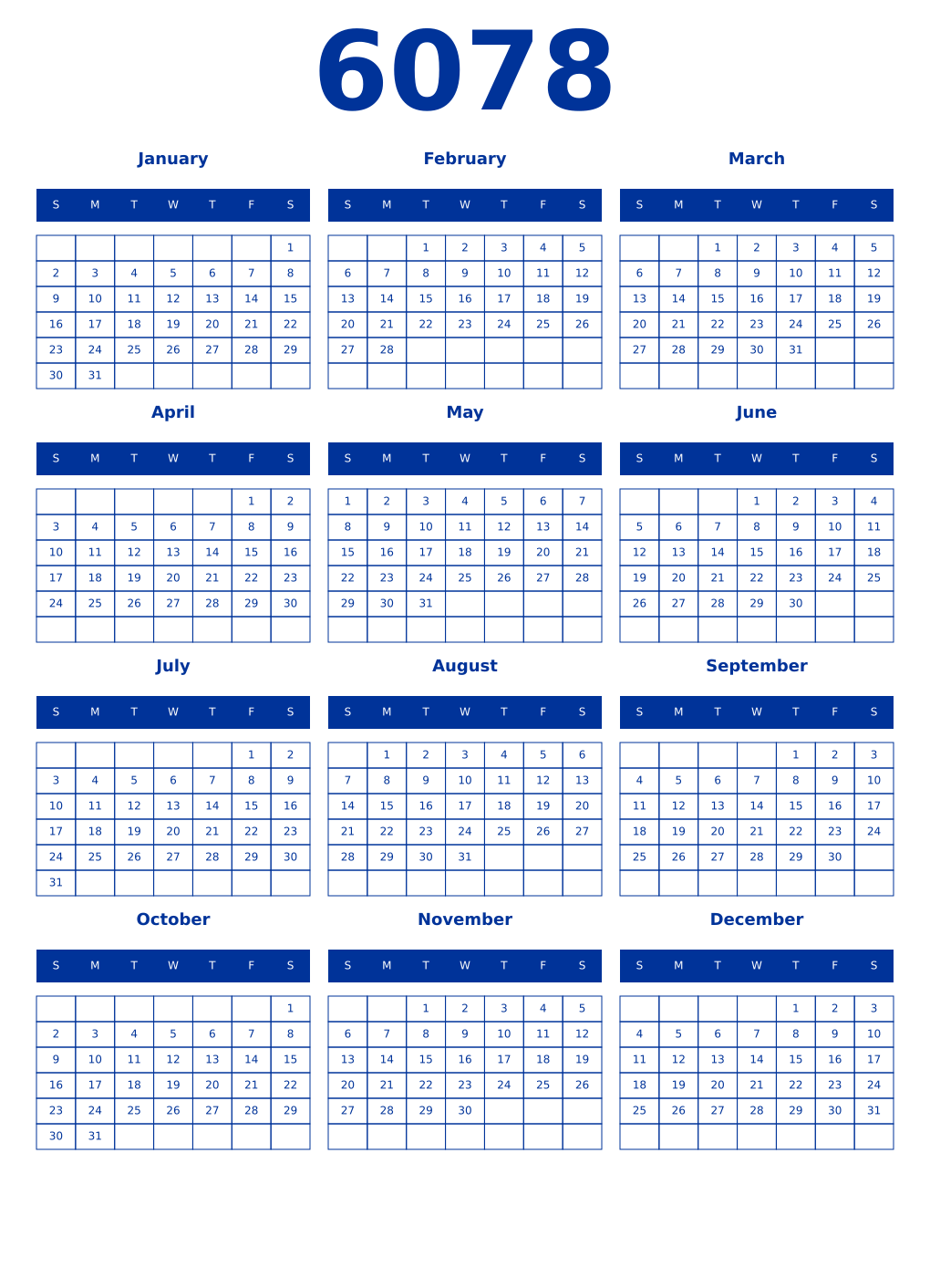 Printable 6078 Year Calendars smalt