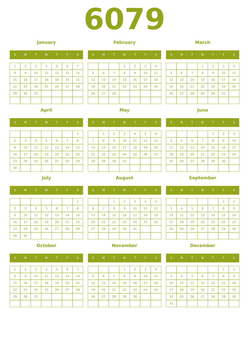 Printable 6079 Year Calendars chartreuse