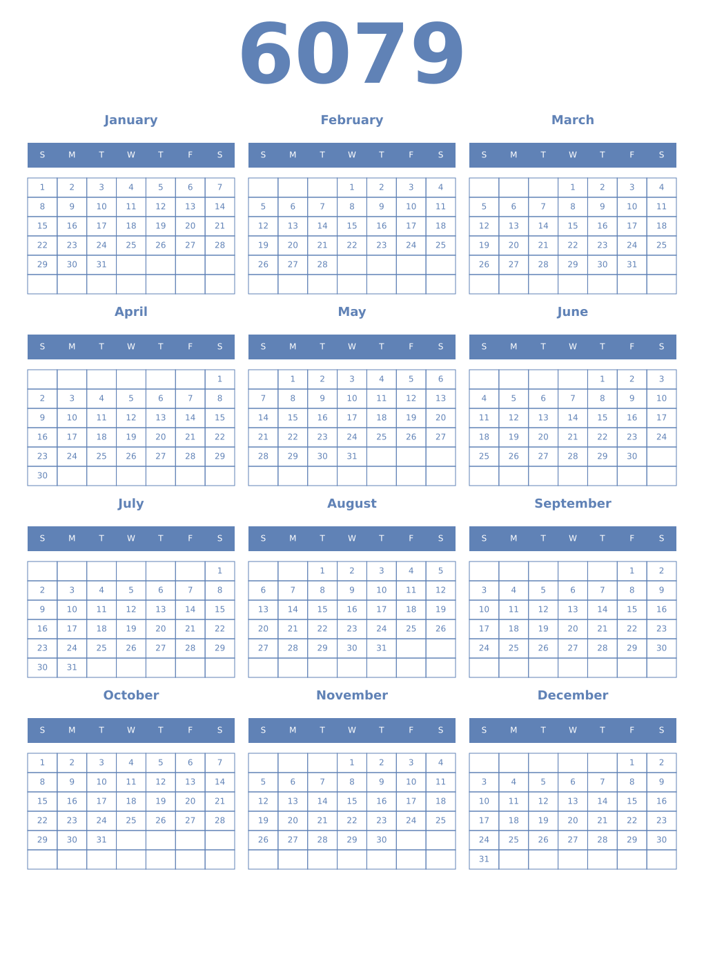 Printable 6079 Year Calendars glaucous