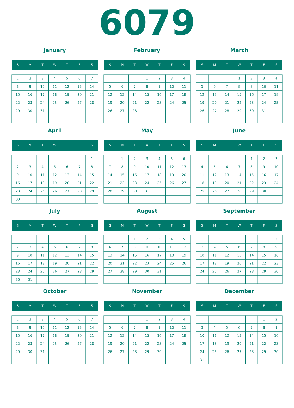 Printable 6079 Year Calendars pastel