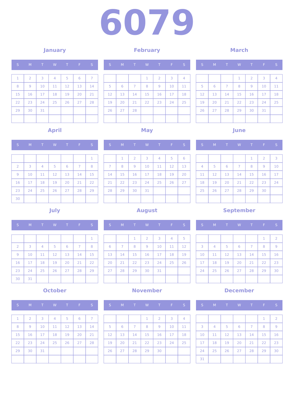Printable 6079 Year Calendars periwinkle
