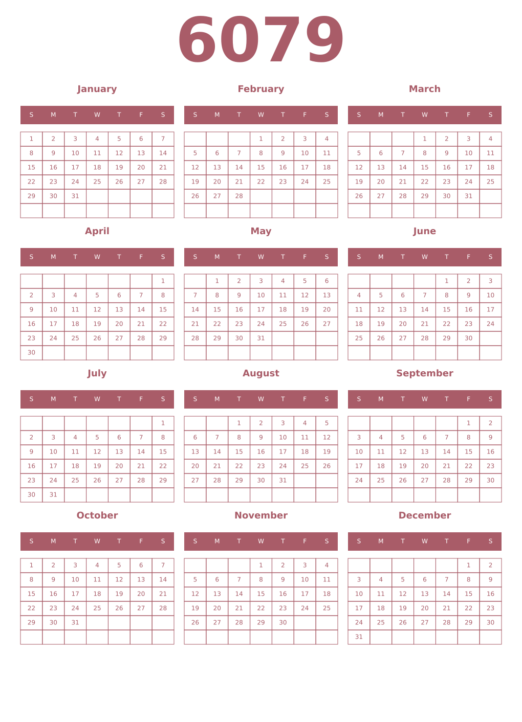 Printable 6079 Year Calendars puce